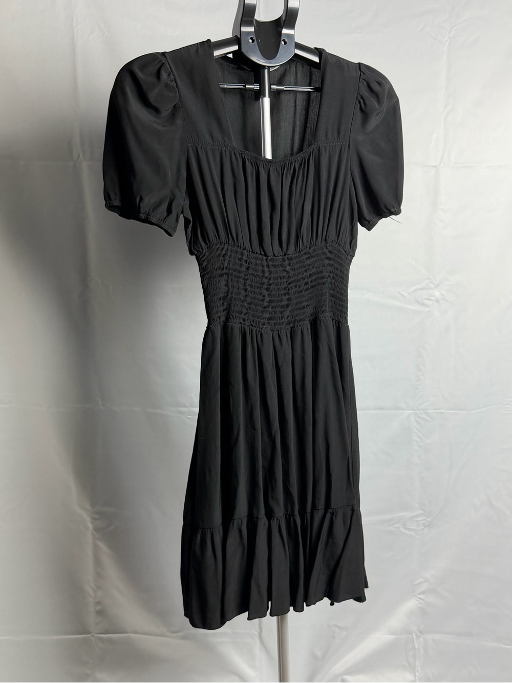 Smocked Waist Puff Sleeve Midi Dress — Black